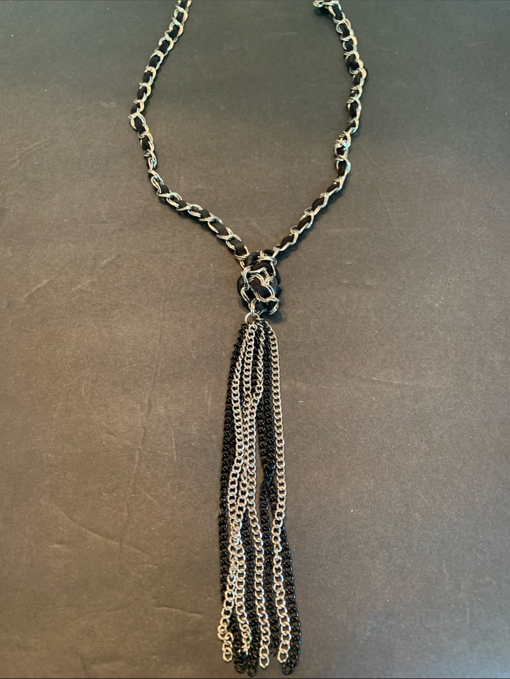 Forever 21 Black & silver metal /ribbon statement necklace 28 in w/ 6 in chain